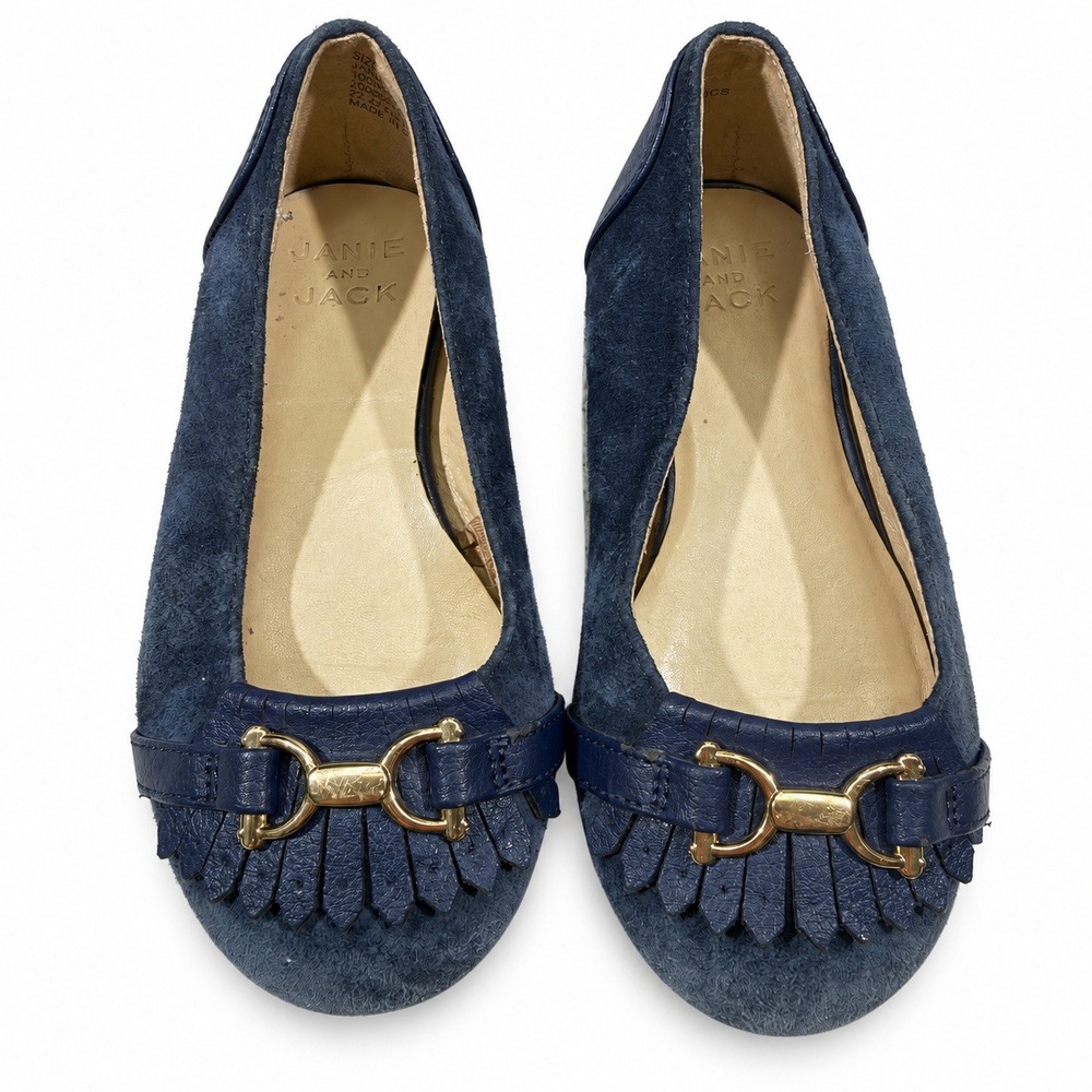 Janie and Jack Ballet Flats Girls 10 Navy Blue Suede Horsebit Fringe Dress Shoes